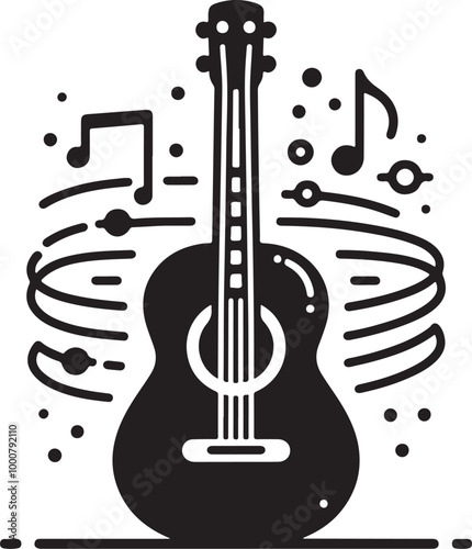 acoustic guitar, musical notes, black and white icon, simple line drawing, minimalist design, musical instrument illustration, vector graphic, music symbol, guitar outline, melodic representation.