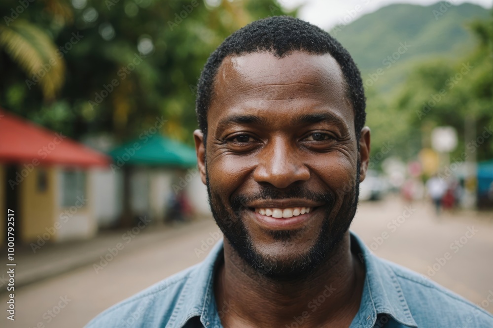 Close portrait of a smiling 40s Grenadian man looking at the camera, Grenadian outdoors blurred background Close portrait of a smiling 40s Grenadian man looking at the camera, Grenadian outdoors blurred background