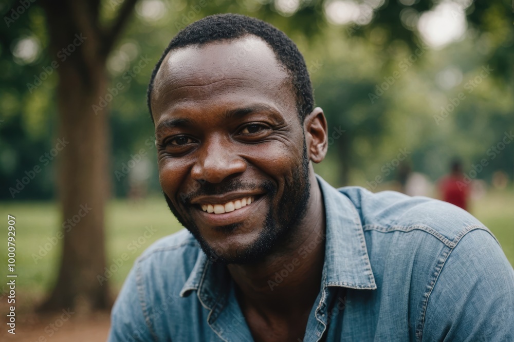 Close portrait of a smiling 40s Guinean man looking at the camera, Guinean outdoors blurred background Close portrait of a smiling 40s Guinean man looking at the camera, Guinean outdoors blurred background