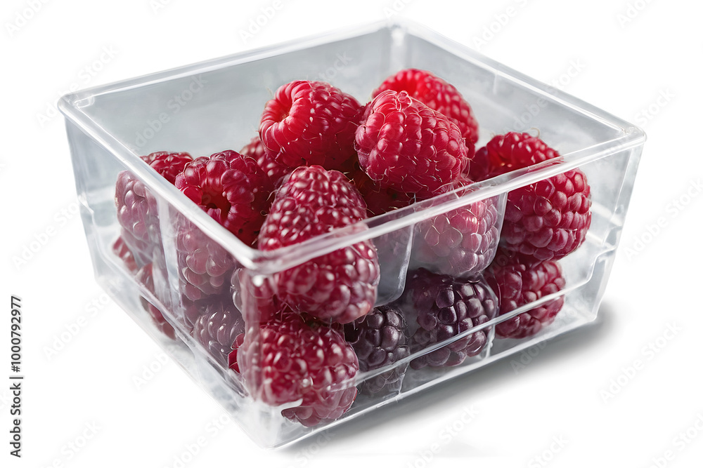 Closeup of organic raspberries in plastic packaging box, super foods, healthy fruit isolated on transparent background