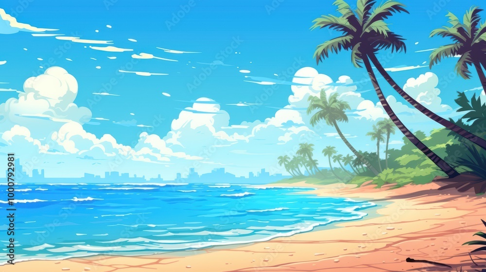 Fototapeta premium A tropical beach scene with palm trees and a city skyline in the distance.