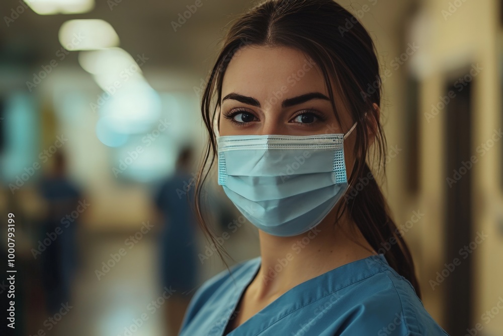 Smiling Nurse Wearing a Face Mask in a Medical Setting Smiling Nurse Wearing a Face Mask in a Medical Setting