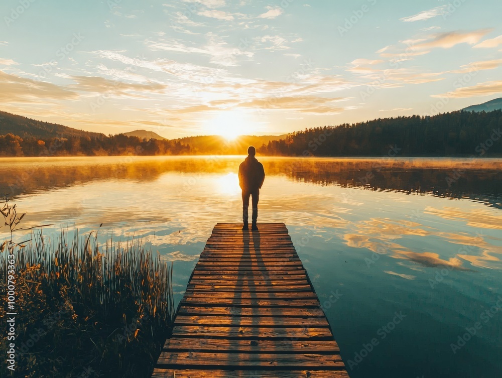 Naklejka premium Person Gazing Over Calm Waters at Dusk