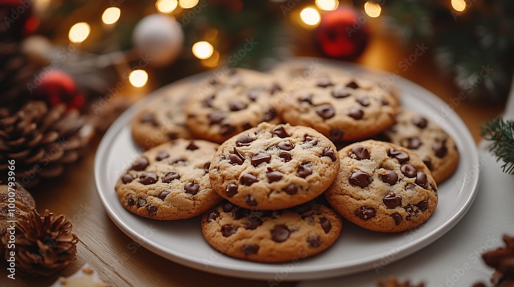 A plate of freshly baked chocolate chip cookies with Christmas decorations in the background. A plate of freshly baked chocolate chip cookies with Christmas decorations in the background.