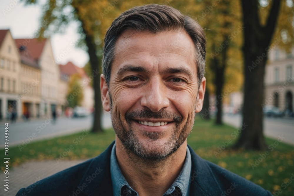 Close portrait of a smiling 40s Hungarian man looking at the camera, Hungarian outdoors blurred background Close portrait of a smiling 40s Hungarian man looking at the camera, Hungarian outdoors blurred background