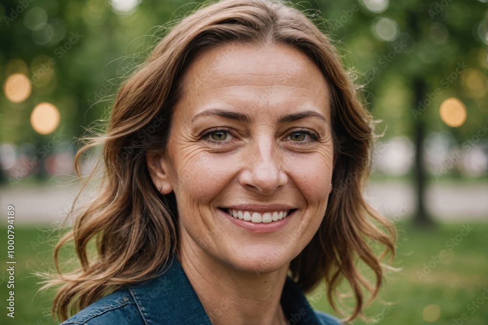 Close portrait of a smiling 40s Hungarian woman looking at the camera, Hungarian outdoors blurred background Close portrait of a smiling 40s Hungarian woman looking at the camera, Hungarian outdoors blurred background