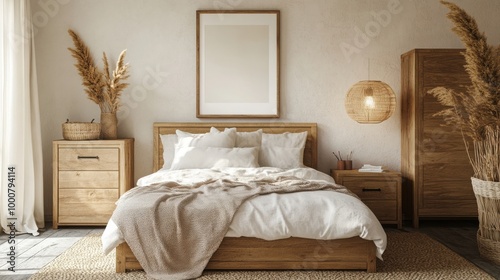 Mock up frame in a cozy bedroom featuring natural wooden furniture and warm lighting, 3D render