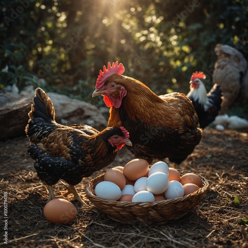 A rooster walking confidently among the hens, ensuring they stay close together photo