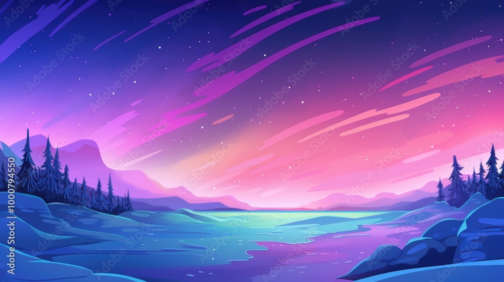 Purple and Blue Night Sky Over a Frozen Lake and Mountains Purple and Blue Night Sky Over a Frozen Lake and Mountains