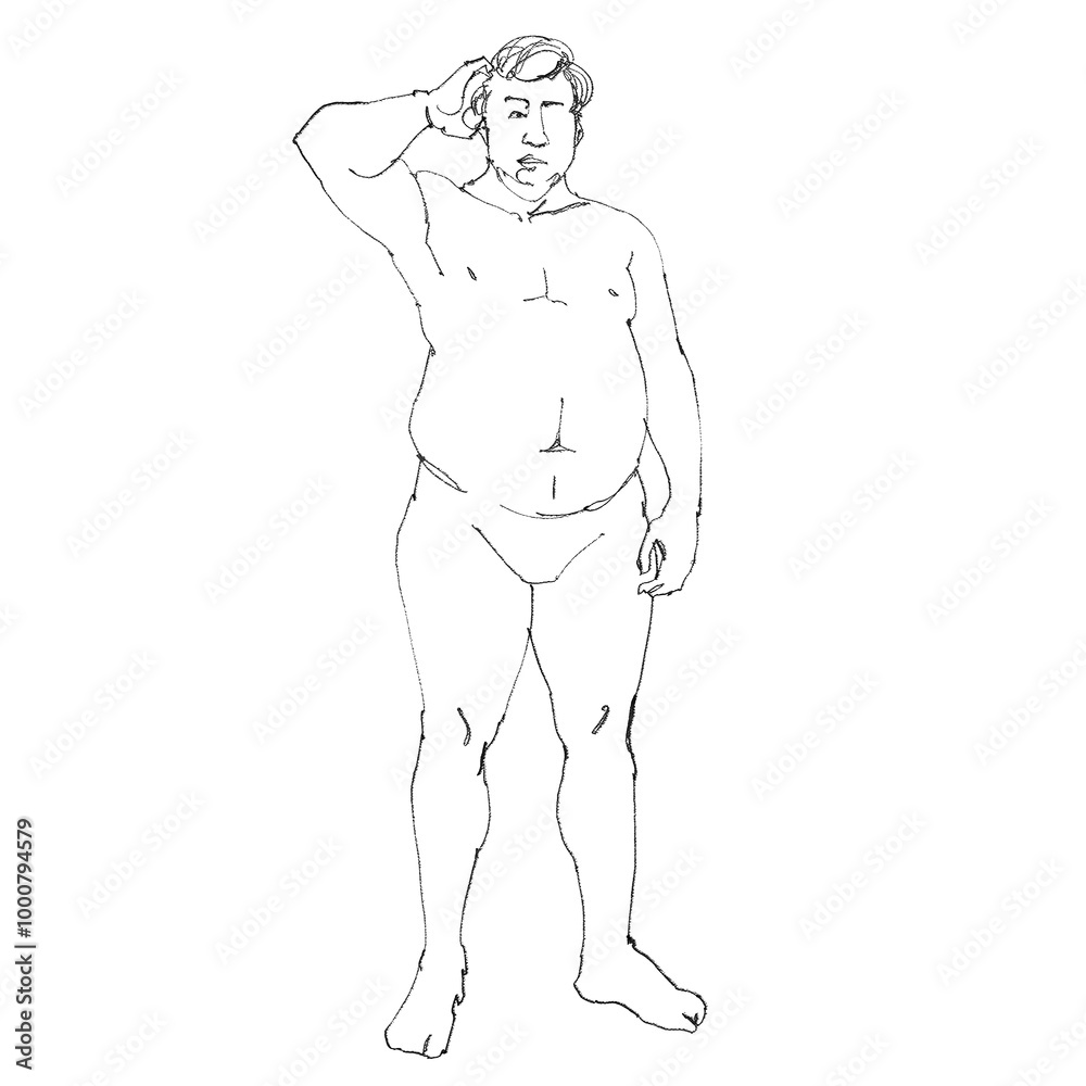 Fototapeta premium Nude fat male figure, contour drawing for graphic design.