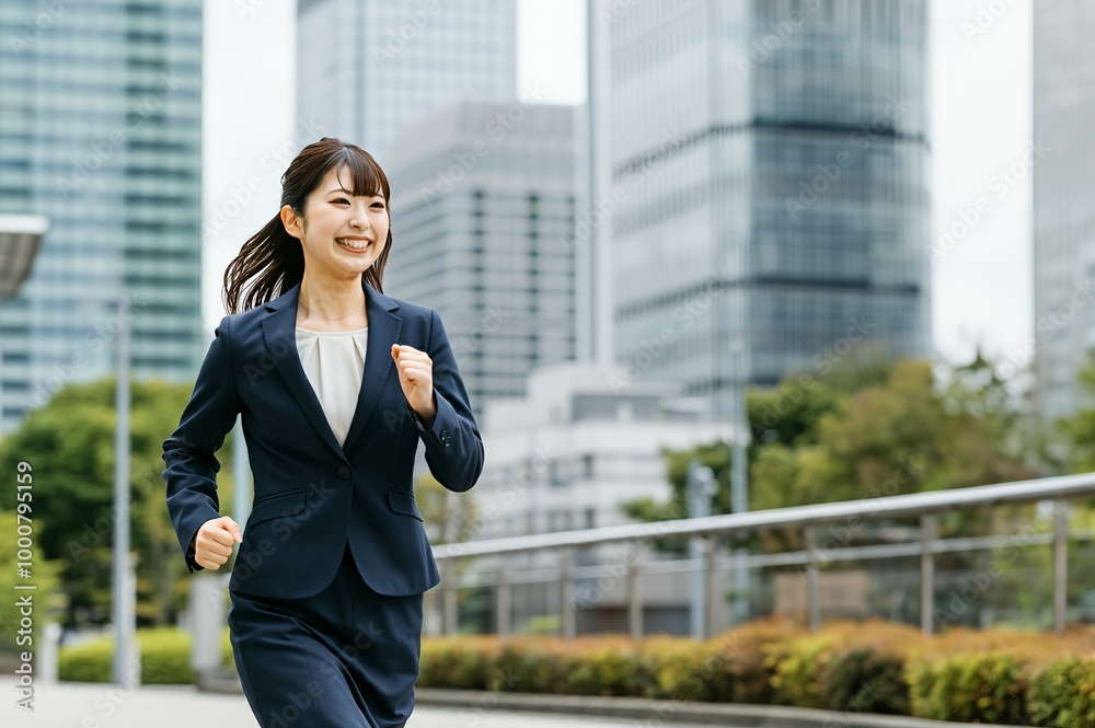 笑顔で走る会社員の女性