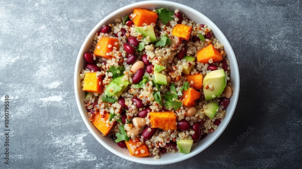 On a gray background, quinoa salad with avocado, sweet potato, and beans. superfood idea. Clean, healthful eating philosophy. A gluten-free or vegan diet. upper view. On a gray background, quinoa salad with avocado, sweet potato, and beans. superfood idea. Clean, healthful eating philosophy. A gluten-free or vegan diet. upper view.
