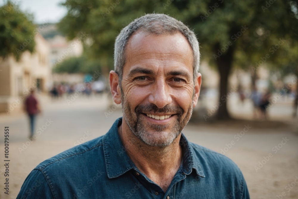 Close portrait of a smiling 40s Israeli man looking at the camera, Israeli outdoors blurred background Close portrait of a smiling 40s Israeli man looking at the camera, Israeli outdoors blurred background