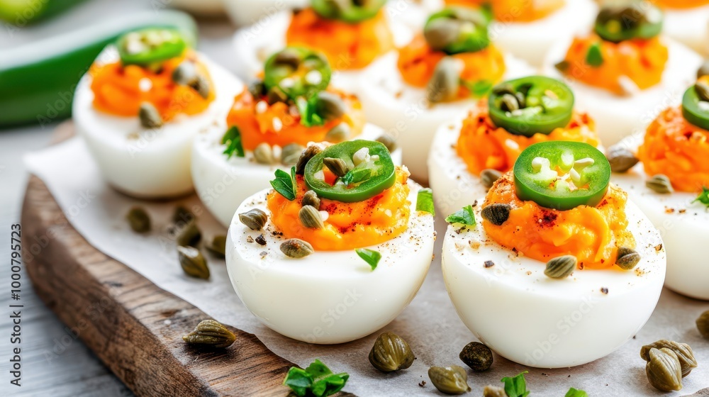 Deviled eggs garnished with jalapeño slices and sesame seeds on a wooden serving board. Spicy and flavorful appetizer concept. Deviled eggs garnished with jalapeño slices and sesame seeds on a wooden serving board. Spicy and flavorful appetizer concept.