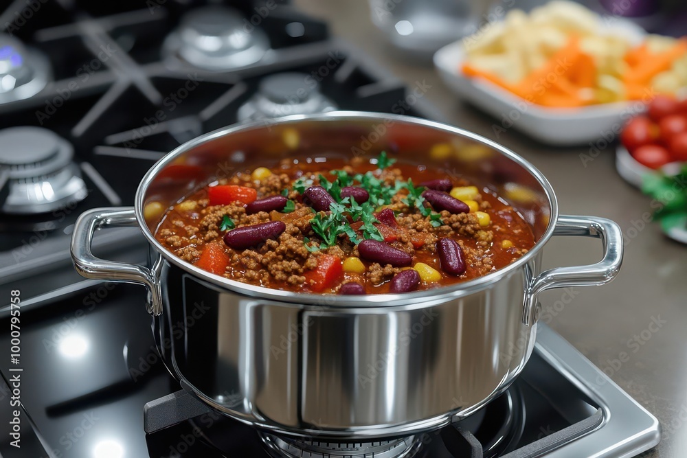 Delicious homemade chili in a stainless steel pot on the stove. Delicious homemade chili in a stainless steel pot on the stove.