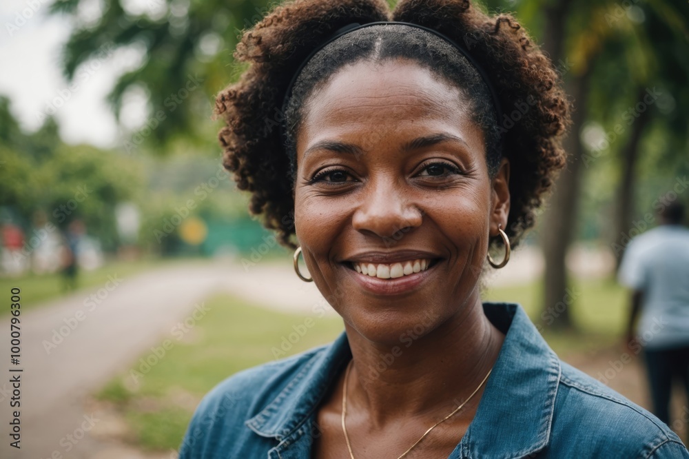 Close portrait of a smiling 40s Jamaican woman looking at the camera, Jamaican outdoors blurred background
