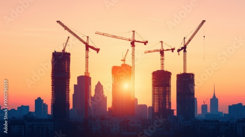 Construction site silhouette against a vibrant sunset sky.