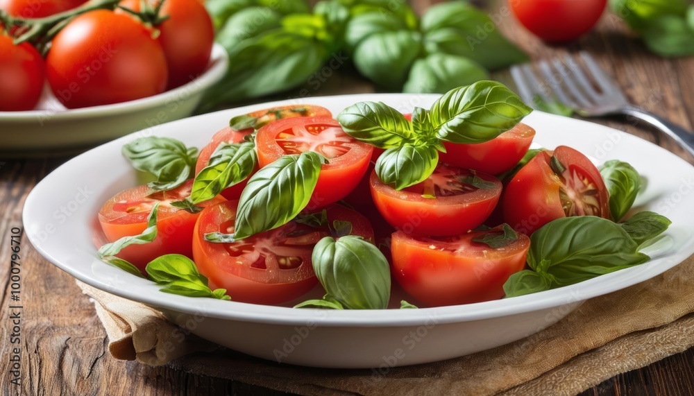 Freshly sliced tomatoes with basil leaves ready to be savored Freshly sliced tomatoes with basil leaves ready to be savored
