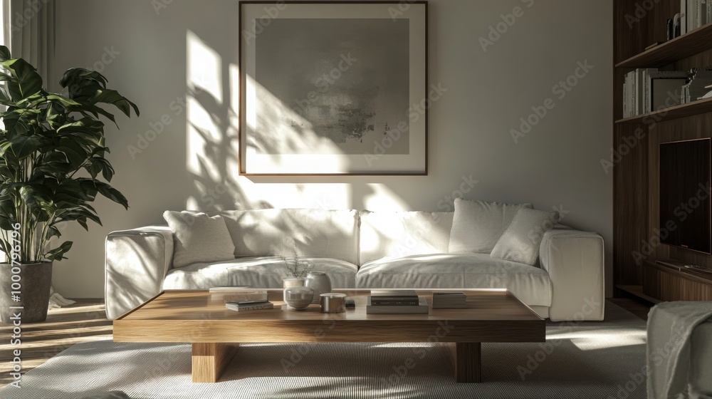 Mock up frame in a modern living room featuring natural wooden coffee table and elegant decor, 3D render 