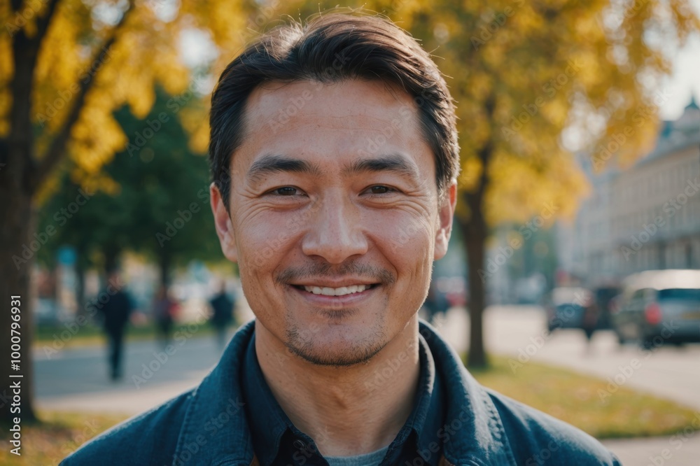 Close portrait of a smiling 40s Kazakh man looking at the camera, Kazakh outdoors blurred background Close portrait of a smiling 40s Kazakh man looking at the camera, Kazakh outdoors blurred background