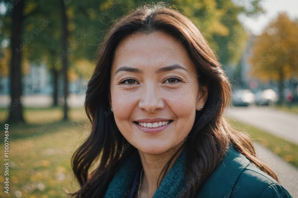 Close portrait of a smiling 40s Kazakh woman looking at the camera, Kazakh outdoors blurred background Close portrait of a smiling 40s Kazakh woman looking at the camera, Kazakh outdoors blurred background