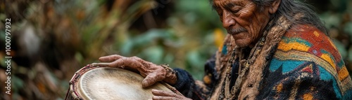 Elderly musician playing traditional drum in nature.