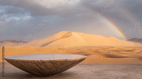 Desert scene with rainbow and stone structure photo