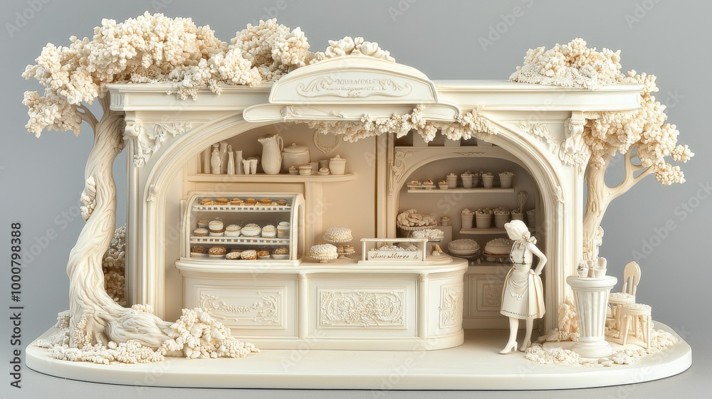 Intricate miniature bakery diorama with trees and a figure. Intricate miniature bakery diorama with trees and a figure.
