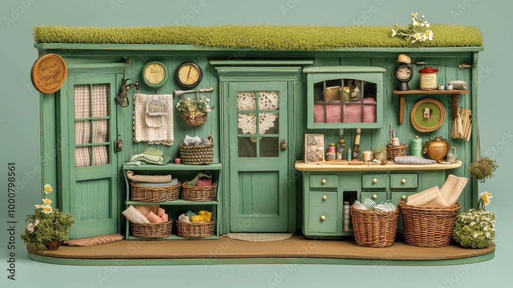 Miniature model of a rustic kitchen with decorative elements and plants. Miniature model of a rustic kitchen with decorative elements and plants.