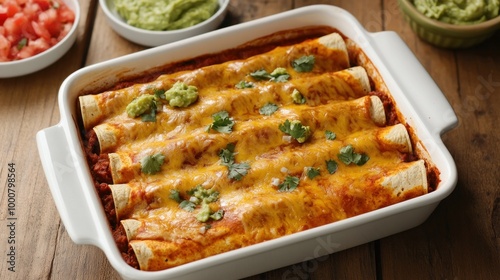 Enchiladas are a classic Mexican cuisine that are served with tomato and guacamole dips and consist of cheese, beef, and chili red sauce in a white casserole dish on a rustic wooden background.