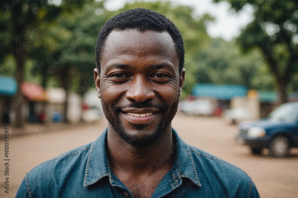 Close portrait of a smiling 40s Liberian man looking at the camera, Liberian outdoors blurred background Close portrait of a smiling 40s Liberian man looking at the camera, Liberian outdoors blurred background
