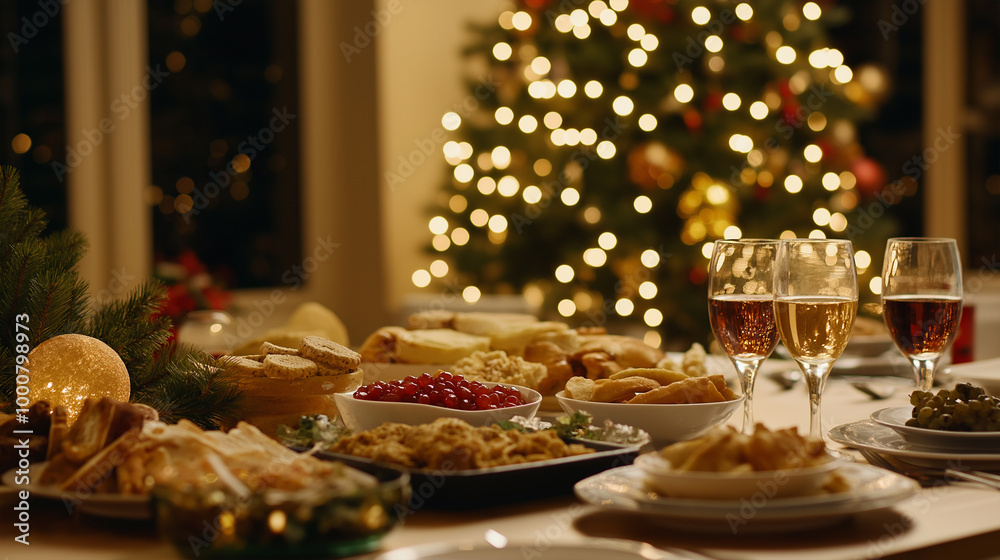 New Year's decor with a Christmas tree on the background. Christmas Dinner table full of dishes with food and snacks New Year's decor with a Christmas tree on the background. Christmas Dinner table full of dishes with food and snacks