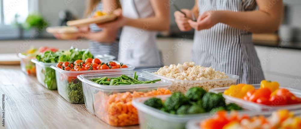 Obraz premium Preparation of healthy meal with fresh vegetables in plastic containers on kitchen table.