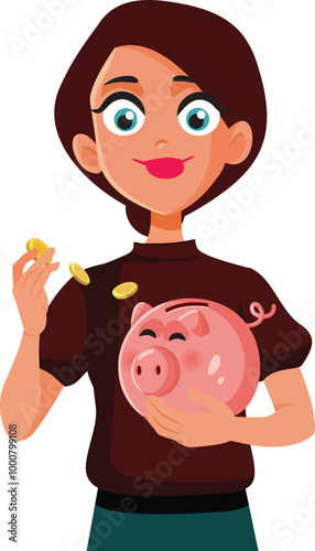 Woman Holding Piggy Bank Accumulating Savings Vector Cartoon. Happy lady thinking about her future retirement plan
