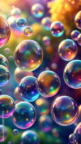 Abstract floating bubbles underwater with soft light and glowing particles