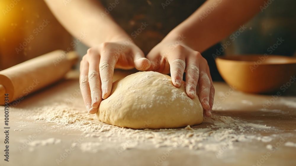 A close-up of hands kneading dough on a floured countertop, with baking tools like rolling pins and mixing bowls surrounding the work area, illuminated by natural light. A close-up of hands kneading dough on a floured countertop, with baking tools like rolling pins and mixing bowls surrounding the work area, illuminated by natural light.