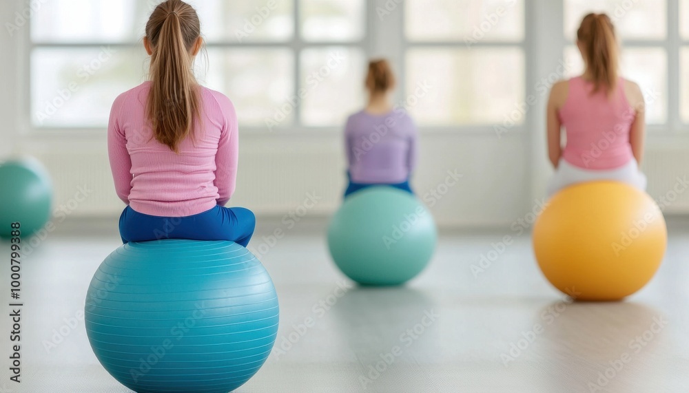 Naklejka premium Three young women exercising on stability balls in a bright gym.