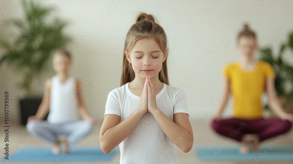 Young girl practicing yoga with hands in prayer pose, serene indoor setting. Young girl practicing yoga with hands in prayer pose, serene indoor setting.