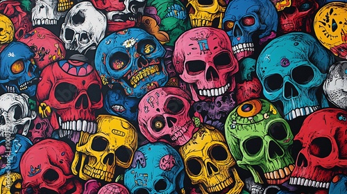 Colorful skulls, vibrant pattern, artistic design photo