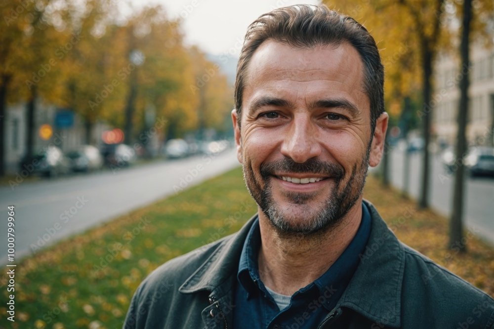 Close portrait of a smiling 40s Macedonian man looking at the camera, Macedonian outdoors blurred background Close portrait of a smiling 40s Macedonian man looking at the camera, Macedonian outdoors blurred background