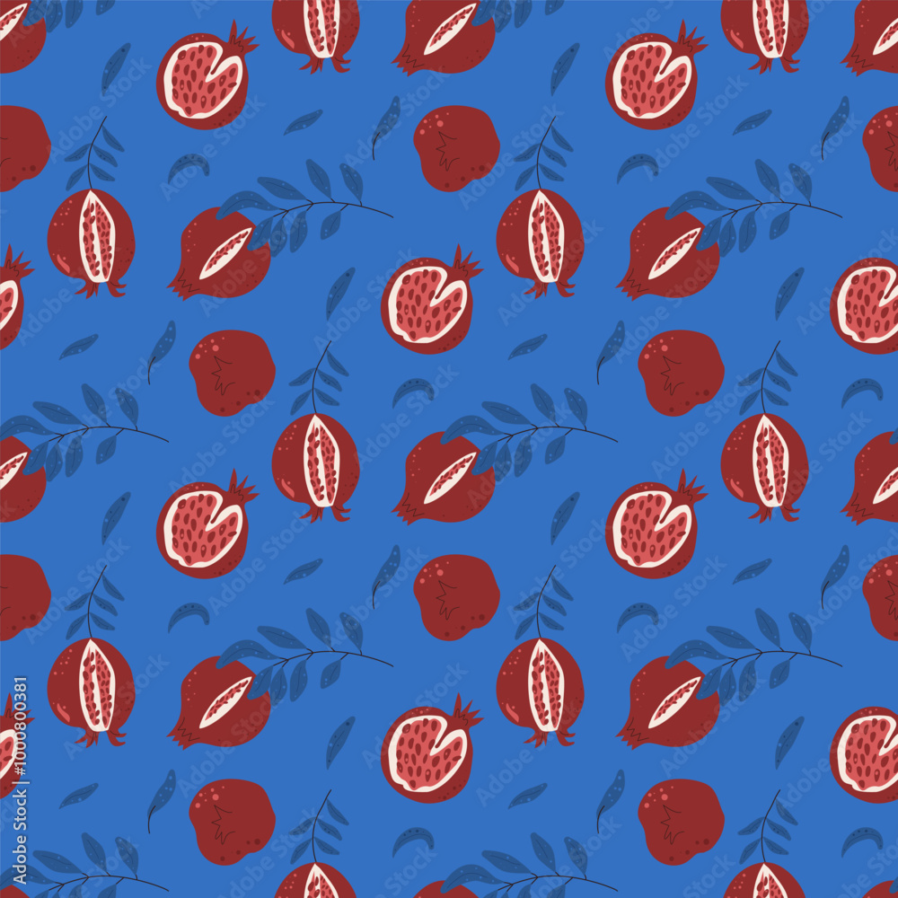 Pomegranates seamless pattern. Fruits and leaves endless background. Half and whole pomegranates repeat cover. Colorful continuous surface design ornament. Vector illustration. Pomegranates seamless pattern. Fruits and leaves endless background. Half and whole pomegranates repeat cover. Colorful continuous surface design ornament. Vector illustration.