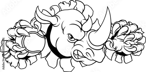 A Rhino Rhinoceros mean tough cartoon sports animal mascot holding a tennis ball