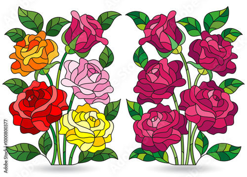 Set of illustrations in stained glass style with bouquets of rose flowers, isolated on a white background