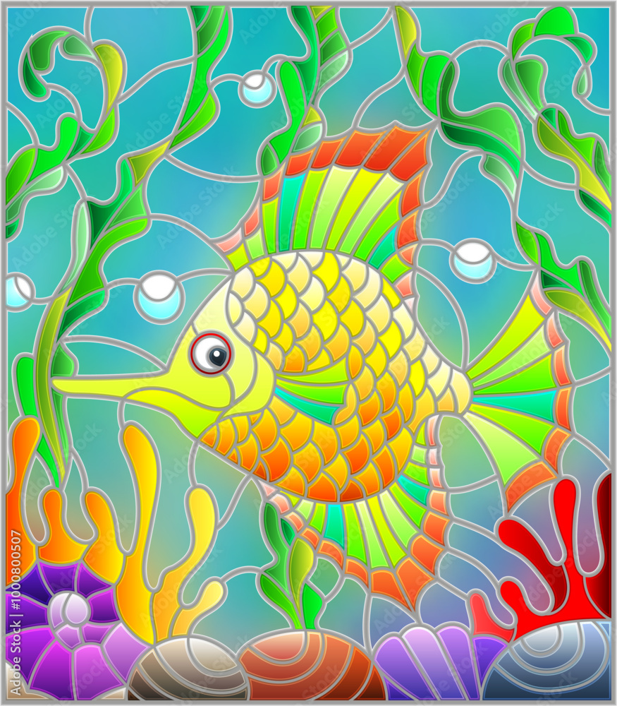 Illustration in stained glass style with abstract colorful exotic fish amid seaweed, coral and shells Illustration in stained glass style with abstract colorful exotic fish amid seaweed, coral and shells