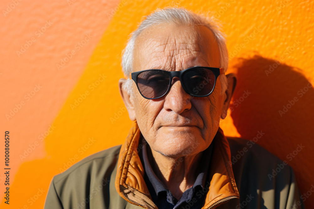 Fototapeta premium Portrait of an elderly man wearing sunglasses against a bright wall on a sunny day. 