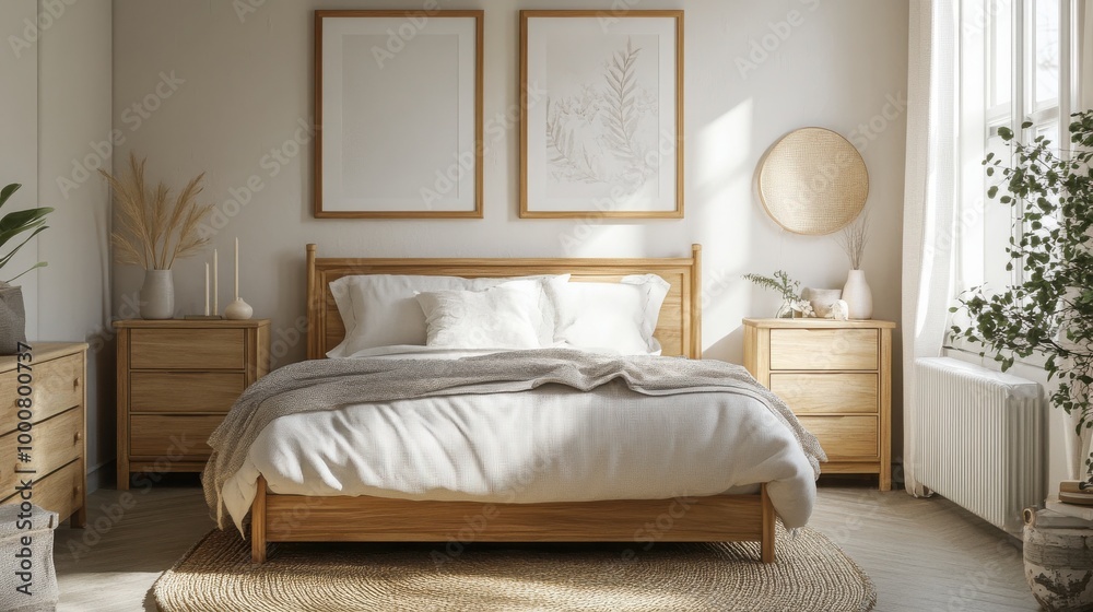 Mock up frame in a Scandinavian bedroom with light natural wooden furniture and simple, clean design