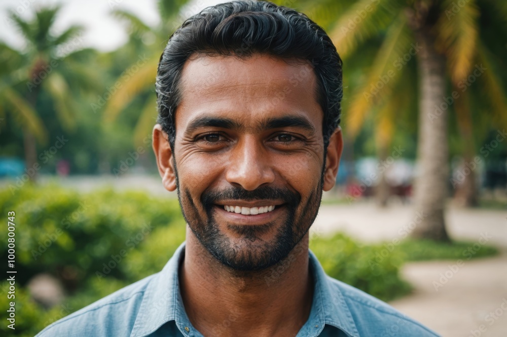 Close portrait of a smiling 40s Maldivian man looking at the camera, Maldivian outdoors blurred background Close portrait of a smiling 40s Maldivian man looking at the camera, Maldivian outdoors blurred background