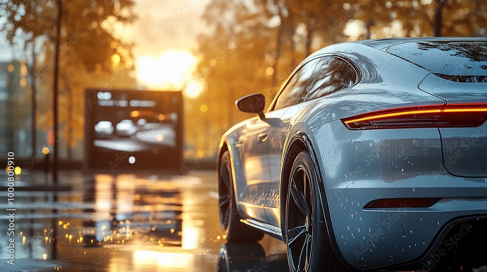 A sleek, silver sports car parked on a wet street at sunset. The car is reflecting the warm glow of the setting sun. A sleek, silver sports car parked on a wet street at sunset. The car is reflecting the warm glow of the setting sun.