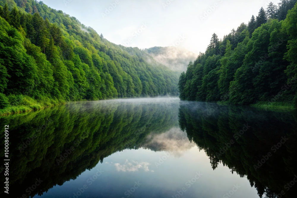 Misty lake surrounded by lush green forest at dawn, tranquil water reflecting trees and sky, serene wilderness landscape with morning fog Misty lake surrounded by lush green forest at dawn, tranquil water reflecting trees and sky, serene wilderness landscape with morning fog
