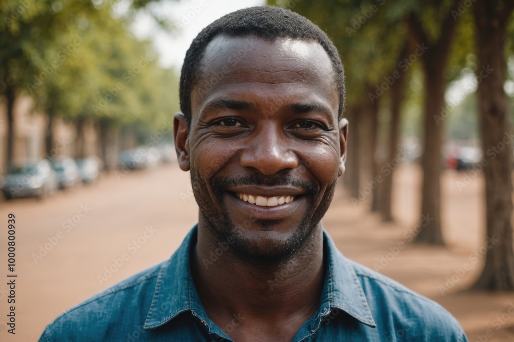 Close portrait of a smiling 40s Malian man looking at the camera, Malian outdoors blurred background Close portrait of a smiling 40s Malian man looking at the camera, Malian outdoors blurred background